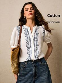 Poéselle 白衬衫、度假衬衫、棉质衬衫、波西米亚风、女士植物刺绣V领短泡泡袖休闲衬衫 - 白色 - 查看 1