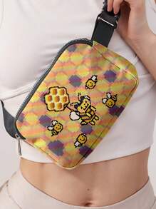 Nyan Cat X SHEIN 女士时尚腰包/胸包，卡通印花运动腰包，带可调节肩带，时尚字母腰包，方形腰包，适合运动、跑步、骑自行车、徒步旅行 - 彩色 - 查看 2