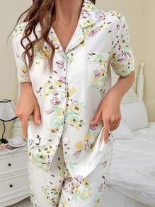 CottageSlumber Printed Collar Short Sleeve Pajama Set With Pants - Multicolor - View 5