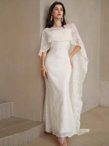 DAZY Vestido largo elegante blanco para mujer con delicado encaje superpuesto y mangas tipo capa fluidas para carnaval - Blanco - Ver 5