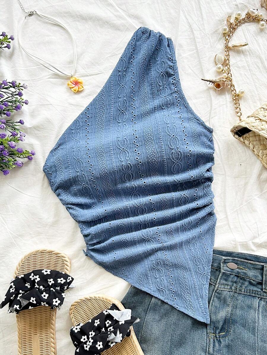 Soleia Women's Aqua Blue Summer Boho Vacation Holiday Textured Knit Fabric One Shoulder Gathered Waist Asymmetric Hem Fitted Blouse,Party,Beach,Date - Blue - View 1