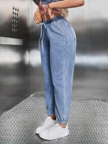 SHEIN SXY Women's Casual Blue Denim Jeans: Long, Relaxed Fit With Drawstring Waist And Pocket Details