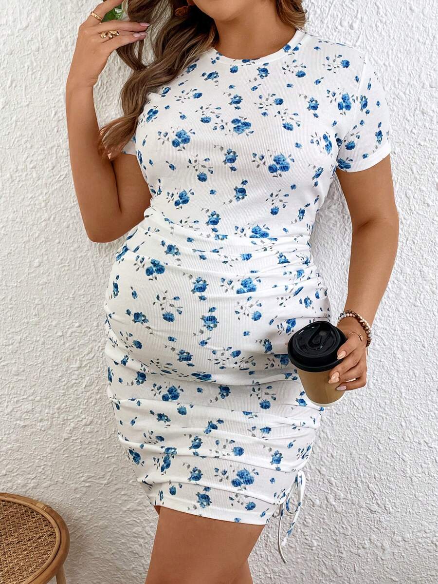 SHEIN Plus Size Pregnant Women Floral Print Ruffle Short Sleeve Fitted Dress - Blue and White - View 1