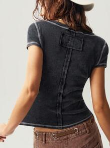 Bohemela Boho Women's Solid Color Knit Crew Neck Short Sleeve Fitted Washed T-Shirt - Black - View 7