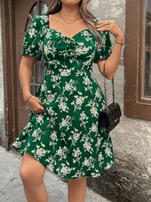 SHEIN Clasi Robe mi-longue à encolure en cœur et manches courtes avec imprimé floral mignonne pour femmes grandes tailles - Vert - Voir 4
