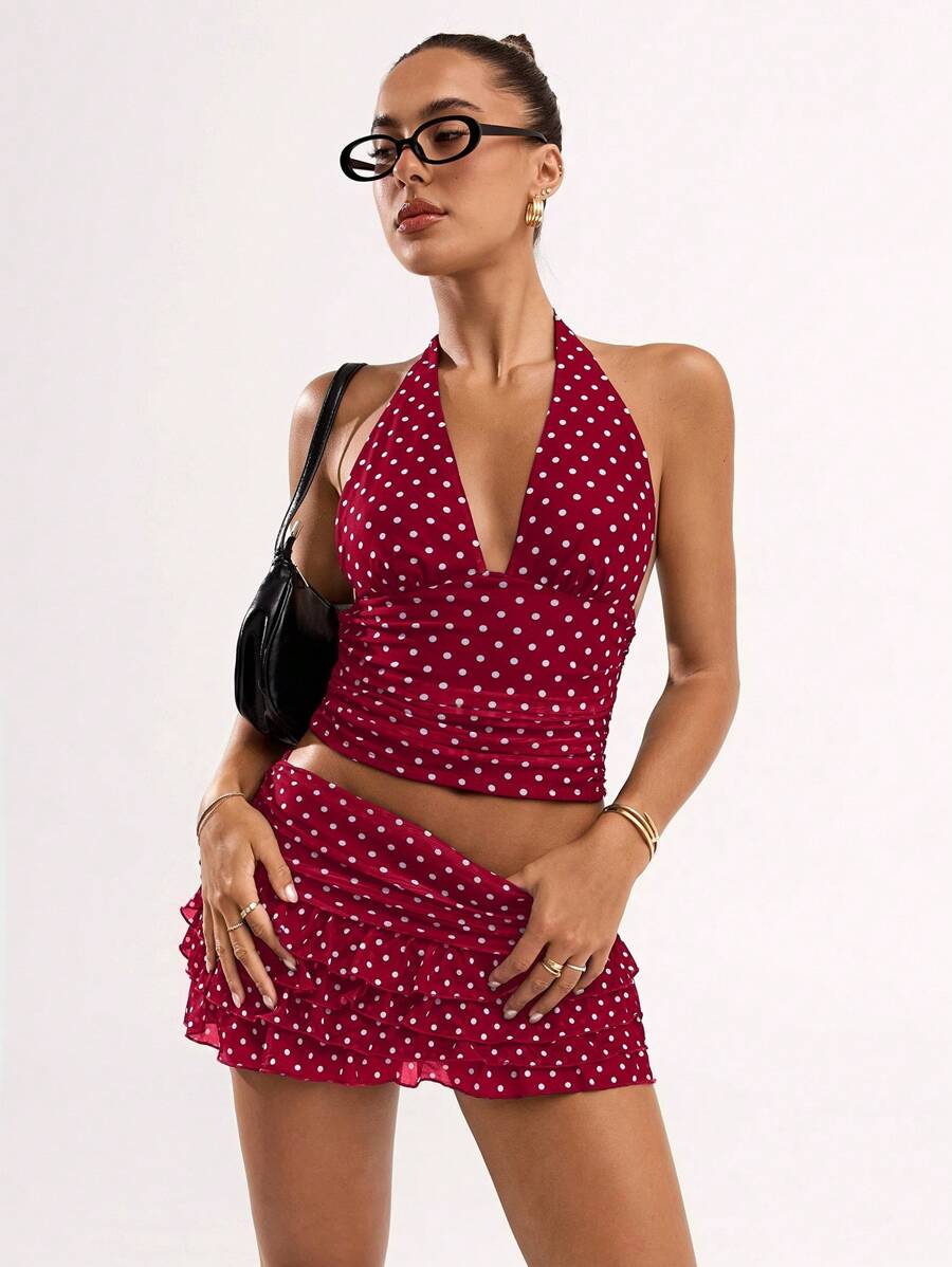 SHEIN BAE Sexig pricktryck för kvinnor med ryggfri grimstopp, sommar - Bourgogne - Visa 1