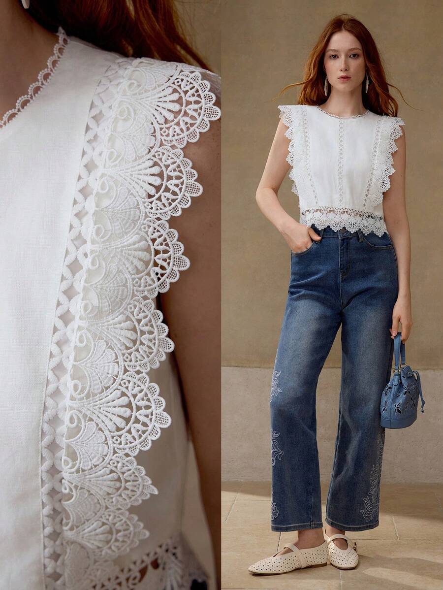 MOTF PREMIUM BLUSA CON CREMALLERA Y ENCAJE EN CONTRASTE - Blanco - Ver 1