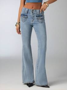 Aloruh Women Casual Washed Low-Waist Fitted Flared Jeans - Light Wash - View 4