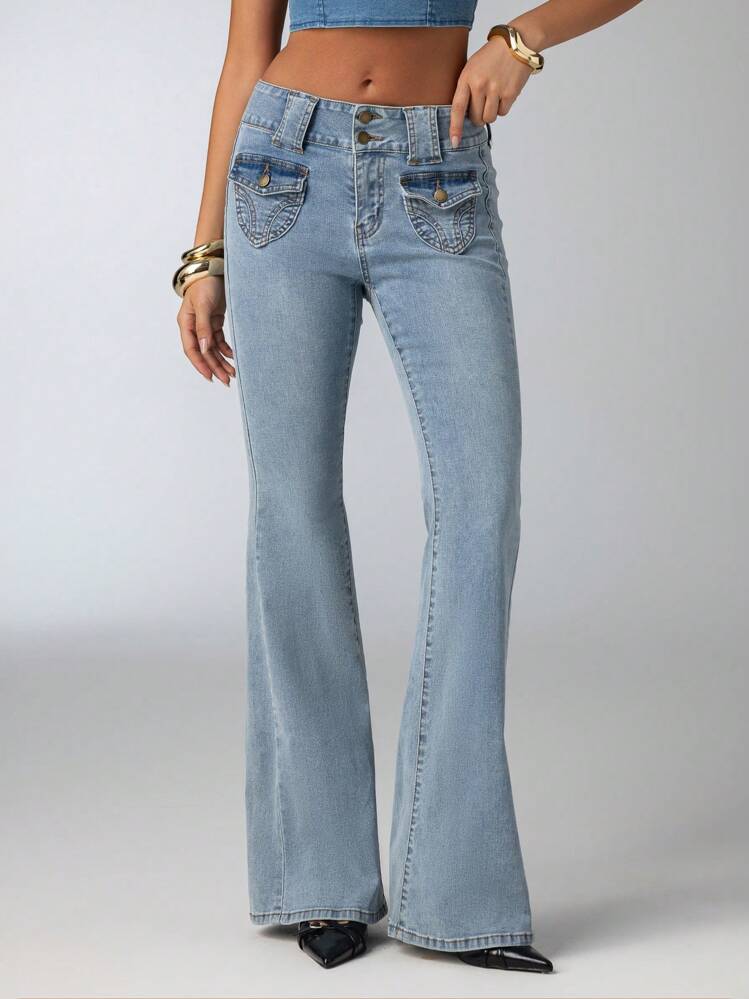 Aloruh Women Casual Washed Low-Waist Fitted Flared Jeans - Light Wash - View 4