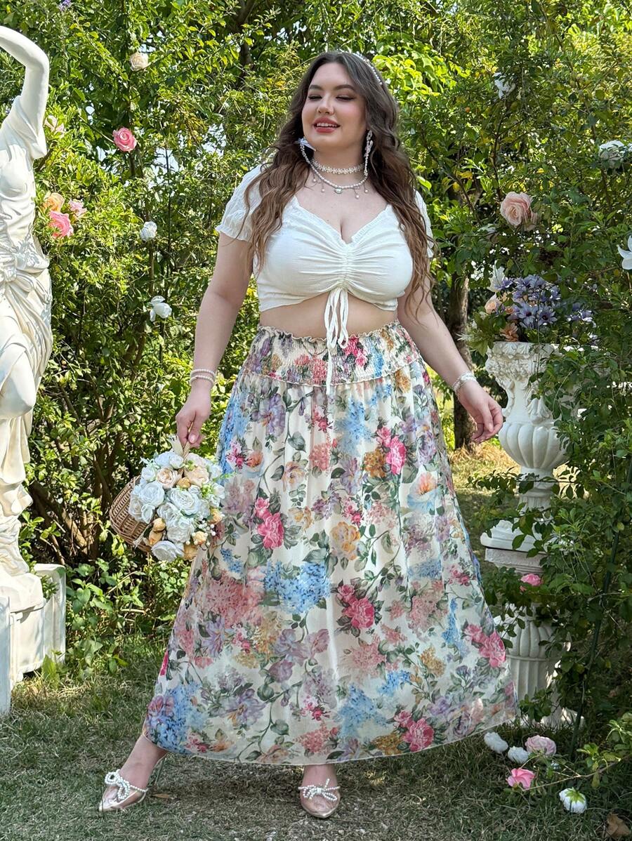 Lyrianda Plus Size Women Holiday Floral Print Elastic Waist Casual Skirt - Multicolor - View 1