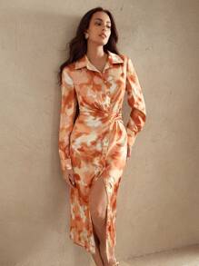 Anewsta Elegant Tie Dye Print & Metallic Twist Waist Woven Floral Dress, Women Spring Outfits For Festival, Casual, Vacation, Holiday, Date Night, Easter - Orange - View 6