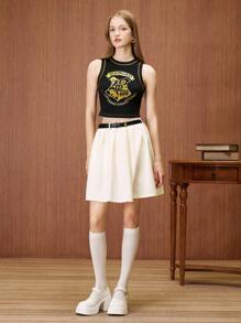 HARRY POTTER X SHEIN Women's Casual Summer College Style Badge Hot Stamping Round Neck Black Slim Vest