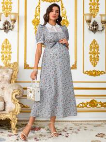 SHEIN Abito mini elegante con fiori minuti e pizzo a contrasto per donne in gravidanza, abiti eleganti estivi da donna, abito fluido estivo da maternità