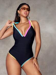 Nuvra 1pc Tummy Control Women One-Piece Swimsuit With Color Block Shoulder Straps For Summer Beach Vacation