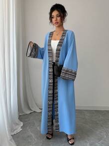 Al Najma Women's Patchwork Print Long Sleeve Loose Fit Arabic Abaya, Modest Robe - Blue - View 5