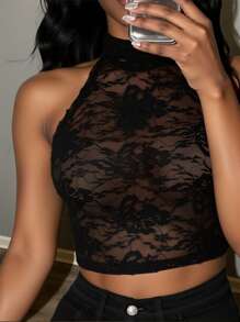 Plus Beach Lace Halter Backless Tie-Back Tank Top - Black - View 4