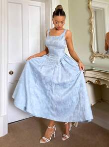 Glamine Charm 早春新款方领蝴蝶结后带A字休闲派对中长连衣裙 - 藍色 - 查看 2