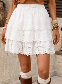 SHEIN LUNE Women's White Boho Mini Skirt: Woven Fabric, Tiered Layers, And Semi-Sheer Design For A Chic Summer Look - White - View 3