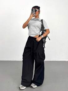 SHEIN PETITE Women's Black Woven Cargo Pants: Casual Long Length With Pockets, Wide Leg, And Drawstring Waist For Everyday Comfort And Style