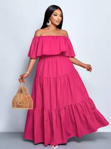 SOLERSUN 大码女式露肩褶领三段褶皱裙宽松长裙，情人节，丘比特，浪漫，玫瑰，约会，音乐节 - 玫紅色 - 查看 1