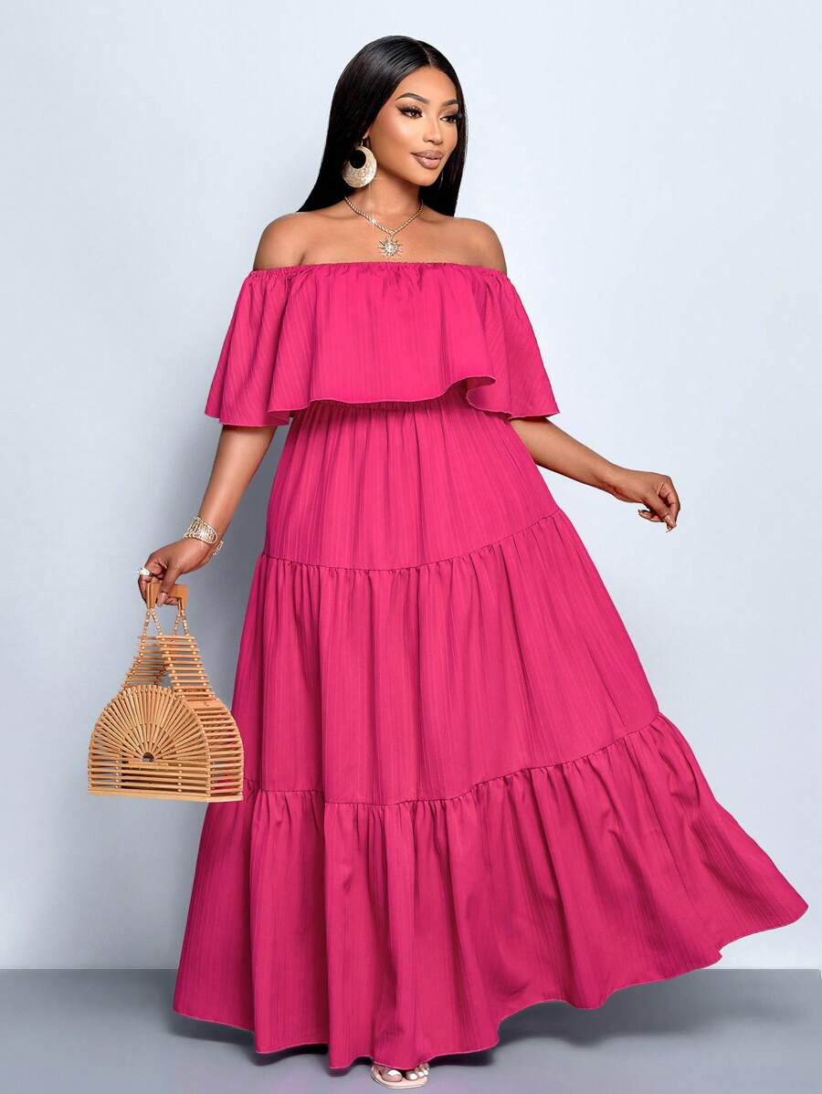 SOLERSUN 大码女式露肩褶领三段褶皱裙宽松长裙，情人节，丘比特，浪漫，玫瑰，约会，音乐节 - 玫紅色 - 查看 1