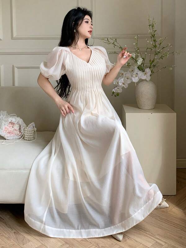 Modelyn Women's Elegant Solid Color Puff Sleeve Dress  Dresses Classy Elegant  Graduation Outfit  Festival   Butter Yellow.