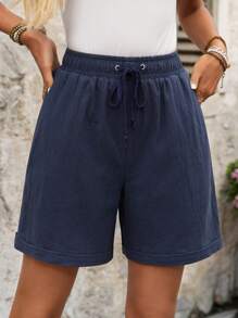 EMERY ROSE 女士纯色抽绳腰宽松休闲百搭短裤夏季女式100%纯棉 - 藍色 - 查看 5