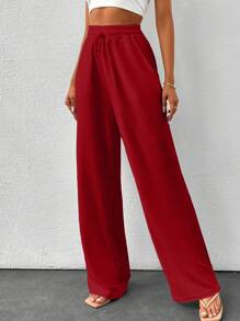 SHEIN Tall Summer Solid Color Beige High Waist Drawstring Waist Linen Look Wide Leg Pants, Tall Women - Red - View 5