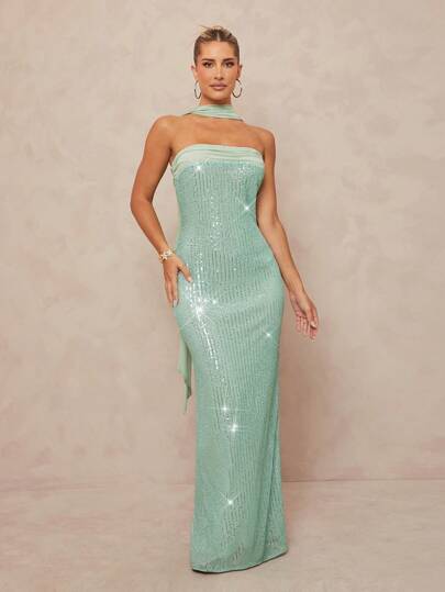 Lumalex Vestido de verano de estilo mermaid de malla y lentejuelas con espalda de cordones para mujeres, ideal para bodas, fiestas, ceremonias y vacaciones en la playa y el mar