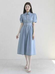 DAZY Women's Light Washed Denim Turndown Collar Waist Cinched Long Shirt Dress - Light Wash - View 7