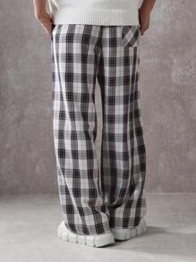 SUMWON 宽松格纹长裤 宽松抽绳休闲裤 四季舒适宽腿 街头风格 个性裤装 - 彩色 - 查看 4