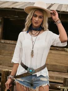 EMERY ROSE Maglia casual da donna con scollo a V, tessitura traforata, orlo asimmetrico e ondulato, adatta per festival musicali, maglia lavorata a maglia per l'autunno e l'inverno - Bianco - Visualizzare 5