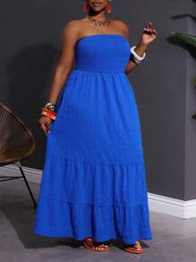 SHEIN CURVE+ Váy hở vai thường ngày màu xanh cỡ lớn, thích hợp cho bãi biển và bờ biển, váy đi biển, trang phục ngày lễ Boho, Curve Plus, trang phục đi biển Boho cho phụ nữ/váy đi biển/trang phục nghỉ mát bãi biển/đồ dùng cần thiết cho bãi biển/váy tốt nghiệp/váy tiệc trà - Xanh đậm - Xem 4