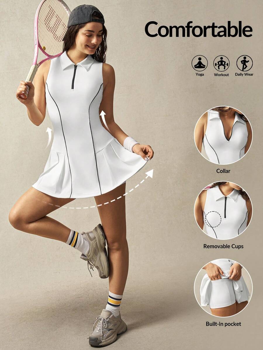 VARSIVA 女士拉链无袖休闲健身运动连衣裙 - 白色 - 查看 1