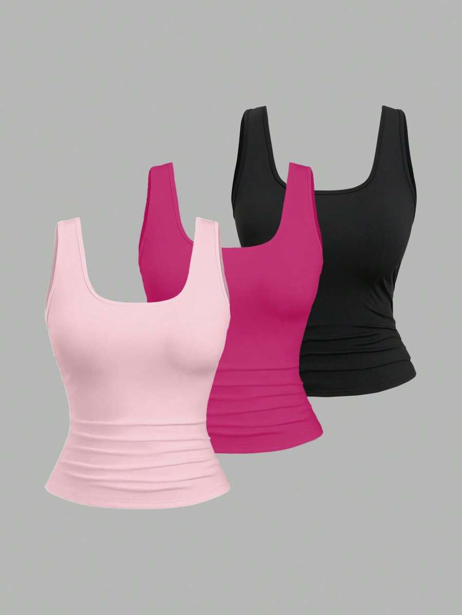 Flirla Plus Size Women Sleeveless Square Neck Pleated Casual Top, Summer - Multicolor - View 1