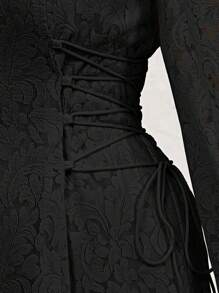 Veilorie Plus Size Elegant Solid Color Jacquard Lantern Sleeve Dress - Black - View 5