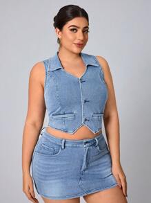 SHEIN Essnce Plus Size Women Fitted Minimalist Denim Jacket - Blue - View 6