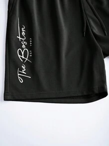 Manfinity Homme Conjunto de camiseta de manga corta con estampado de eslogan y pantalones cortos informales para hombre, conjunto de 2 piezas de verano para hombre