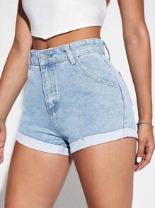 SHEIN Essnce Rolled Hem Denim Shorts