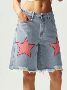Bohemela BOHO Cowgirl Outfit Star Print Raw Hem Bermuda Shorts