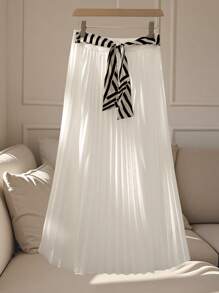 Franclia Elegant Pleated A-Line Color Block Scarf Print Long Skirt, Fashion Women Skirt For Spring/Summer - White - View 1