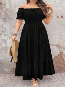 SHEIN CURVE+ Plus Size Women's Elegant Commuter Vintage Casual Fashion Versatile Hot-Selling Textured Frill Trim Bowd Elastic Waist Swing Dress, Black, Spring/Summer/Autumn - Black - View 3