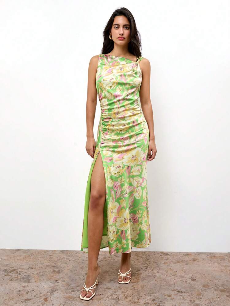 SHEIN Maija Robe longue moulante en satin à taille cintrée avec motif floral de type "Ditsy". Convient pour les vacances, les fêtes, les festivals de musique, le printemps/été.