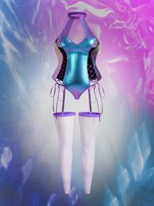 3pcs/Set Music Festival: Metallic Gold Lace Up Halter Neck Bodystocking Set - Purple - View 6