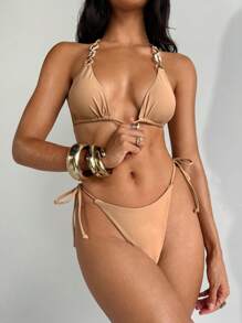 Aloruh Women's One-Piece Bikini Set, Romantic Retro Solid Color With Resin Chain Decoration, Mini Triangle Cup Halter Top With Tie Sides Bikini Set, For Beach Vacation Bikini 2 Pieces Set Bikini Set For Women Swimsuits For Woman Bathing Suits