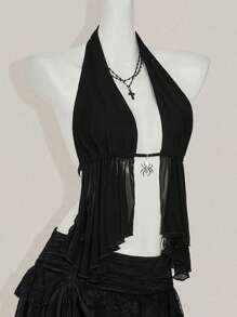 SHEIN ICON 女款 Y2k 性感嬉皮风格网眼露背露肩休闲上衣