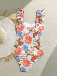Soleia Women's Tropical Bird & Floral Print Ruffled Collar & Sleeves One Piece Swimsuit, Vacation Style, Cute, Kawaii - Multicolor - View 2