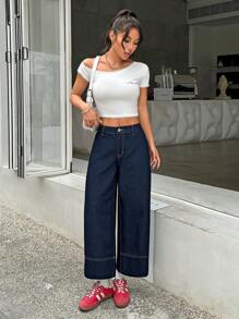 SHEIN PETITE Quần Jeans Nữ Lưng Thấp Ống Thẳng 7/8, Màu Xanh - Rửa tối - Xem 6