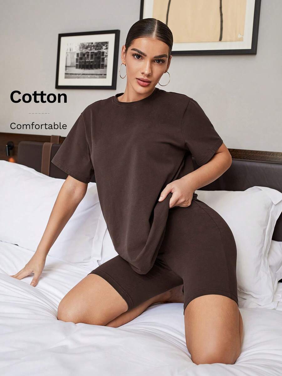 SHEIN BAE Solid Short Sleeve Tee & Biker Shorts Set - Chocolate Brown - View 1