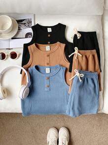 SHEIN Set de 6 piezas de conjunto de camiseta de punto y pantalones cortos casuales y lindos para niño pequeño en verano, paquete básico multipropósito